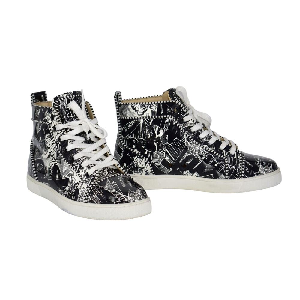 B20 NWD CHRISTIAN LOUBOUTIN Patent Blk/Wht Graffiti Hi Top Sneaker Shoes Size 40
